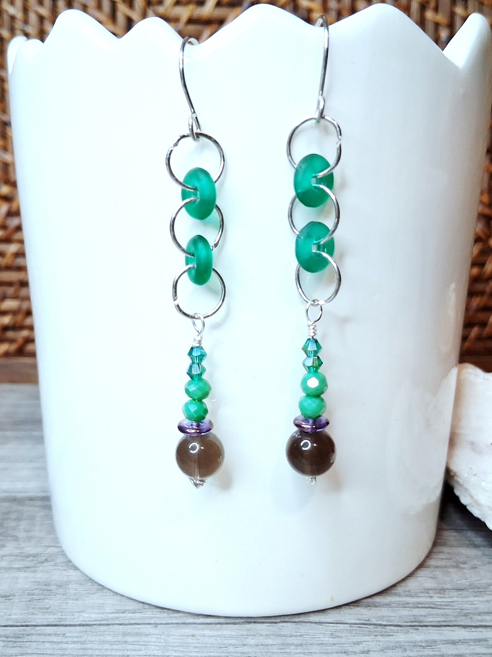 Smoky Quartz Czech Glass Beaded Dangle Eatrings, 3"